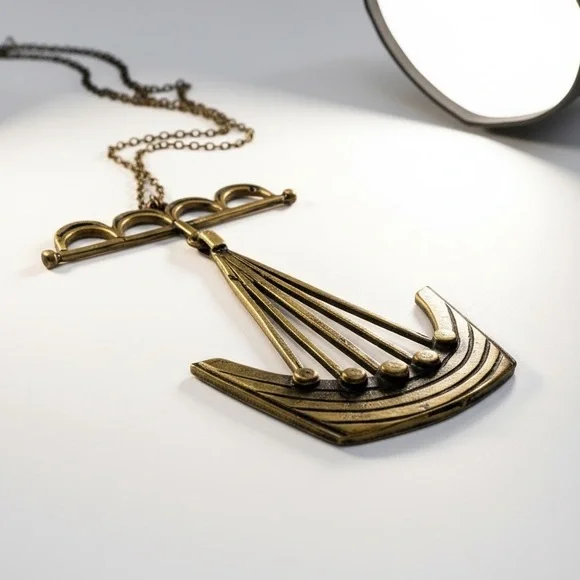 Signed Gard Berg Viking Longship Necklace Scandinavian Brutalist Bronze 1970s - Picture 5 of 12